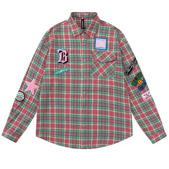 2023 Мужская клетчатая рубашка в стиле ретро, уличная одежда в стиле хип-хоп, рубашка Оверсайз, Наклейка с буквенной вышивкой, Карманная рубашка Харадзюку, футболка с длинным рукавом