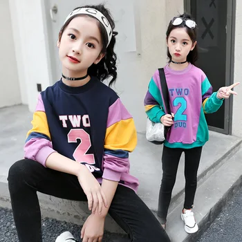 2023 Корейская весна-осень, топ с круглым вырезом и буквенным принтом для девочек с длинными рукавами, хлопковый пуловер для начальной школы, толстовка, топы