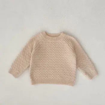 Осенний Детский однотонный вязаный волнистый повседневный пуловер, рубашка для мальчиков, свитер с круглым вырезом и длинными рукавами для девочек, модные топы из 100% хлопка
