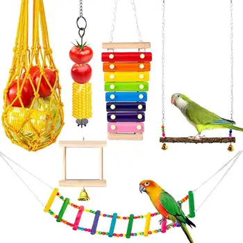 Качели для птиц, игрушка для жевания попугая, здоровый и счастливый Прочный материал, игрушки для птиц-попугаев, изделия из дерева, набор для домашних птиц для какаду-зяблика