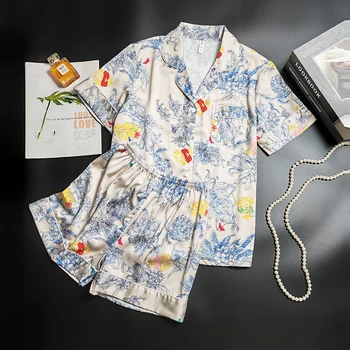 Пижама с цветочным принтом, Женская Летняя пижама из тонкого ледяного шелка с отворотом, Шорты с коротким рукавом, кардиган, Домашняя одежда